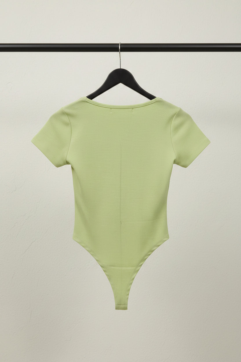Attire Hub Women's Lime Green Ribbed Short Sleeve Bodysuit
