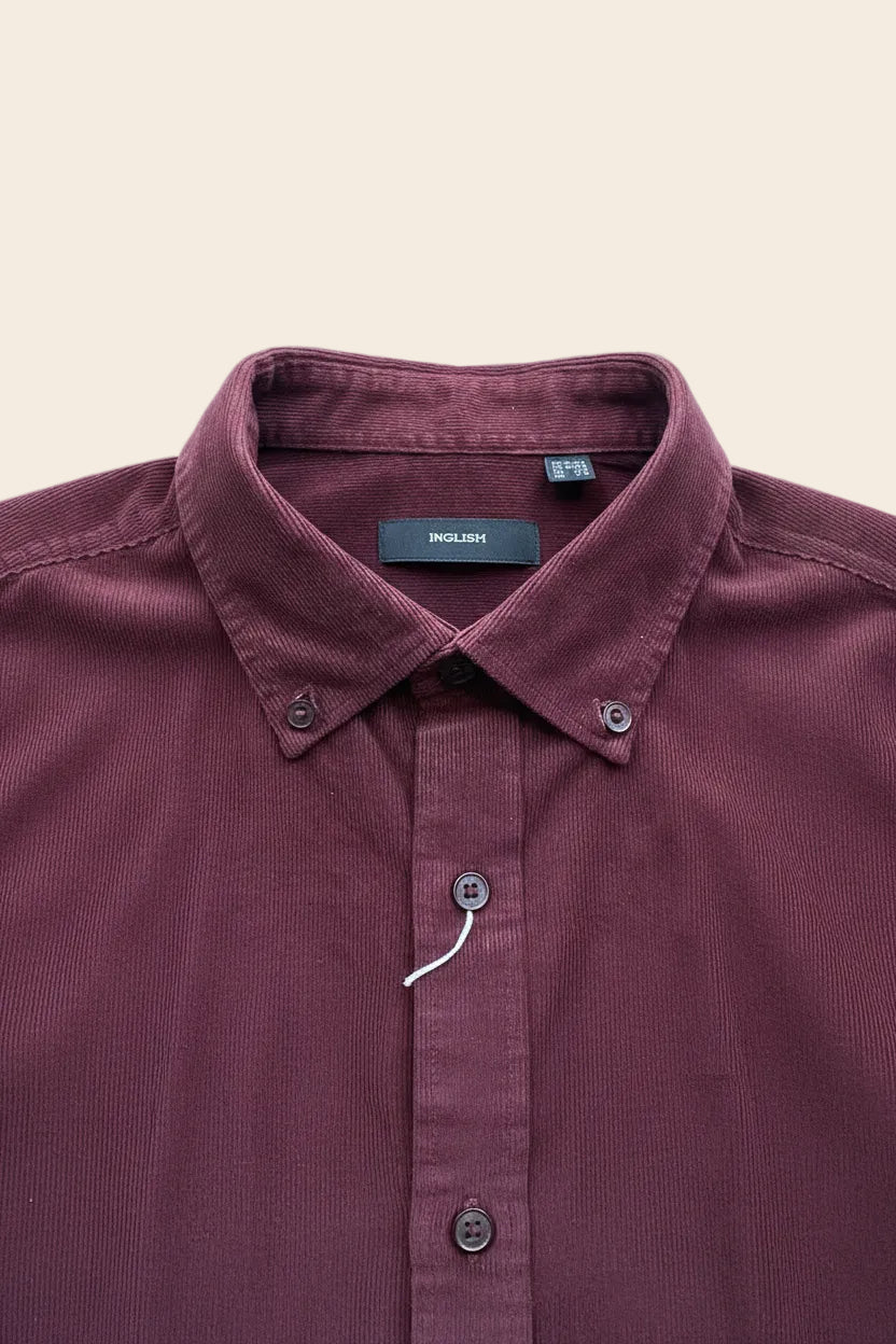 INGLISH Men's Maroon Corduroy Long Sleeve Button-Down Shirt