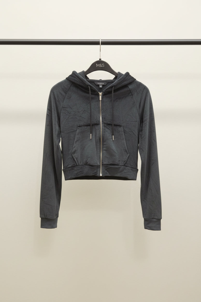 Black Velour Cropped Zip-Up Hoodie