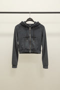 Black Velour Cropped Zip-Up Hoodie
