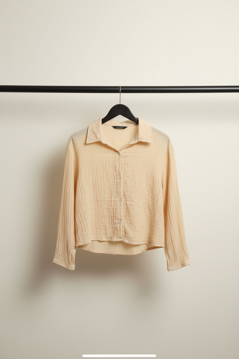 Women's Cream Crinkled Long Sleeve Button-Up Shirt