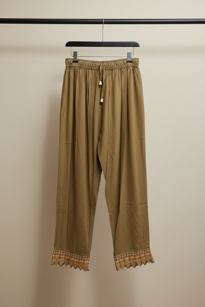 Women's Brown Elastic Waist Palazzo Pants with Lace Hem