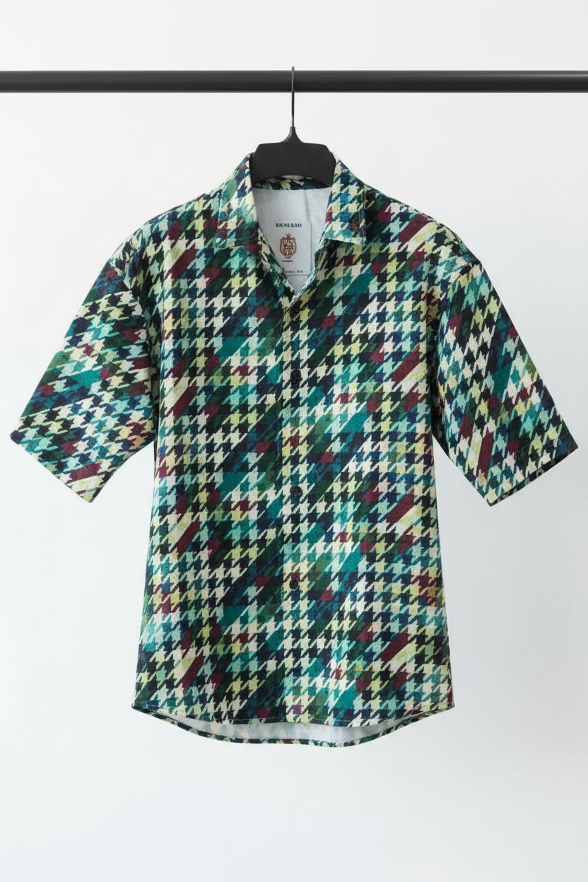 Men's Multicolor Houndstooth Print Short Sleeve Casual Shirt