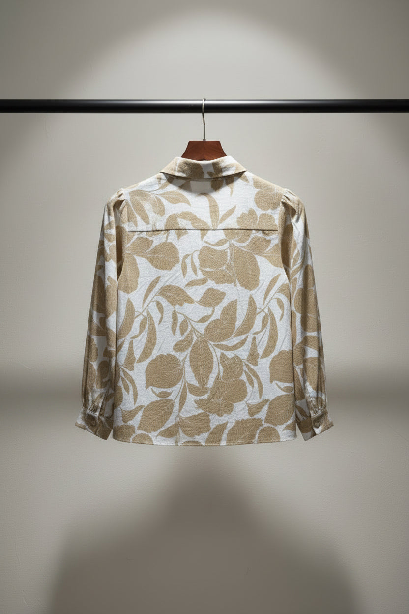 Zara Women's White & Brown Leaf Print Long Sleeve Button-Up Shirt