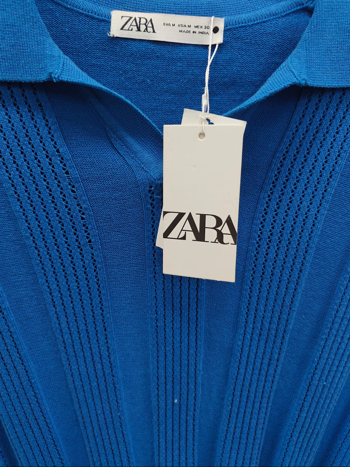 Zara Blue Knitted Polo Shirt with Openwork Details