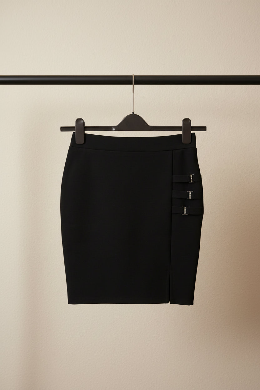 Black Mini Skirt with Rhinestone Buckles