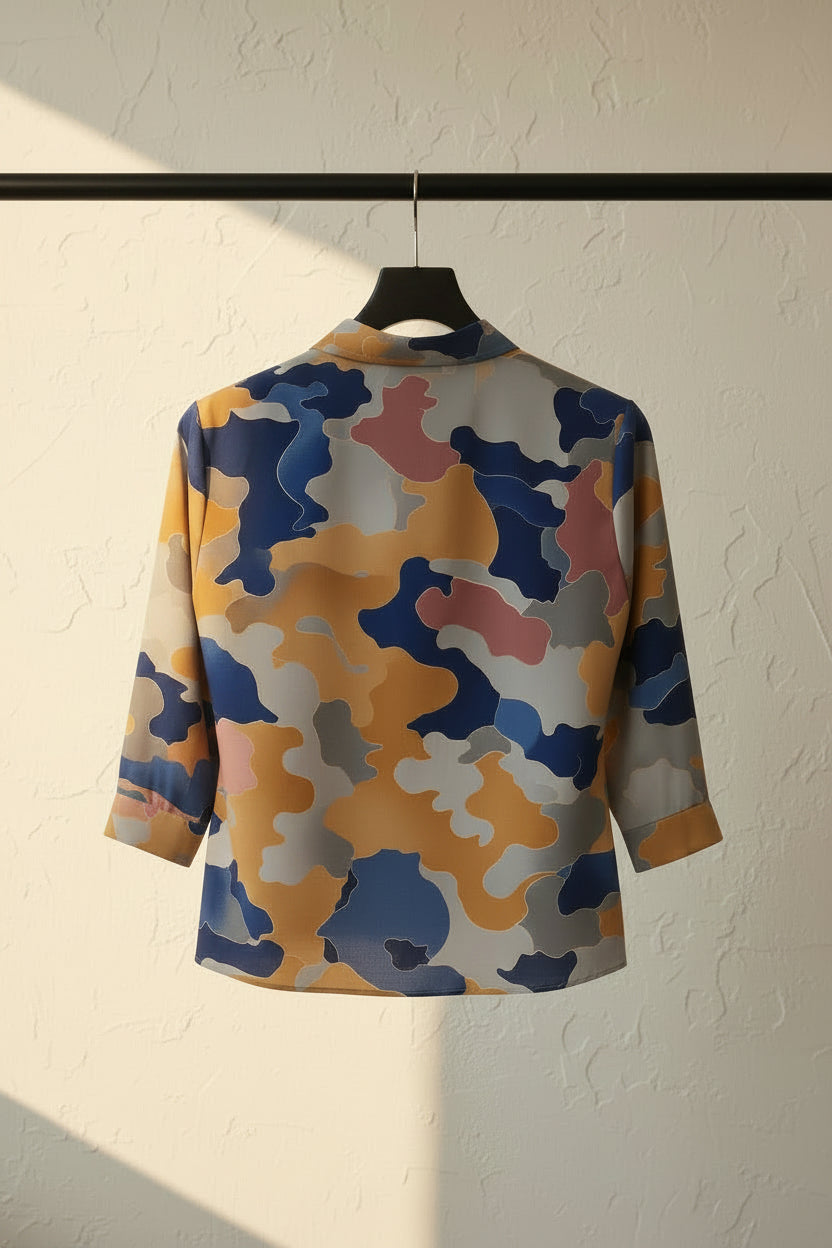 Women's Abstract Camouflage Print Collared Shirt with 3/4 Sleeves