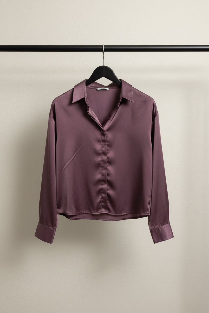 Women's Purple Satin Long Sleeve Collared Shirt