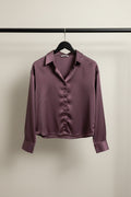 Women's Purple Satin Long Sleeve Collared Shirt