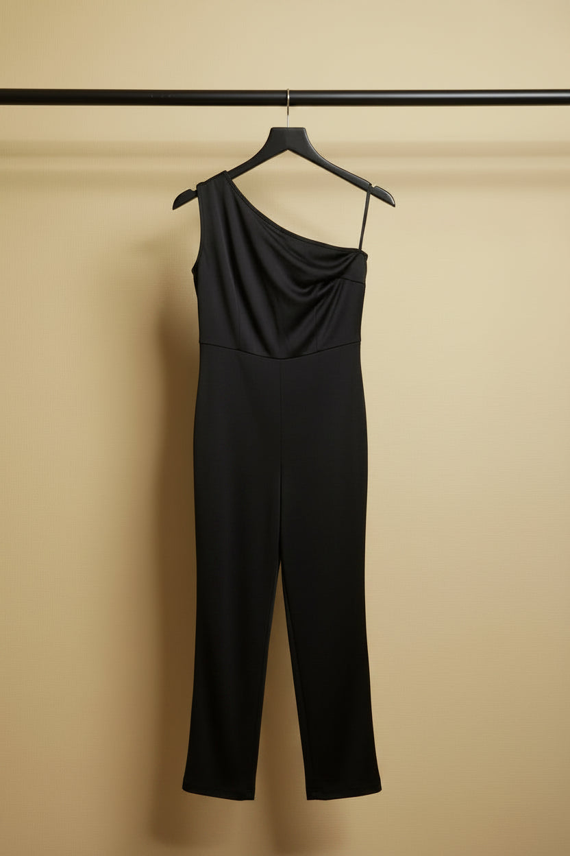 KAZO Women's Black One-Shoulder Wide Leg Jumpsuit