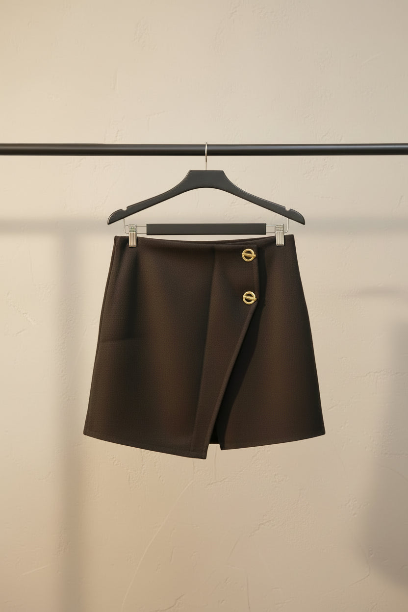Women's Black Asymmetric Mini Skirt with Decorative Buttons