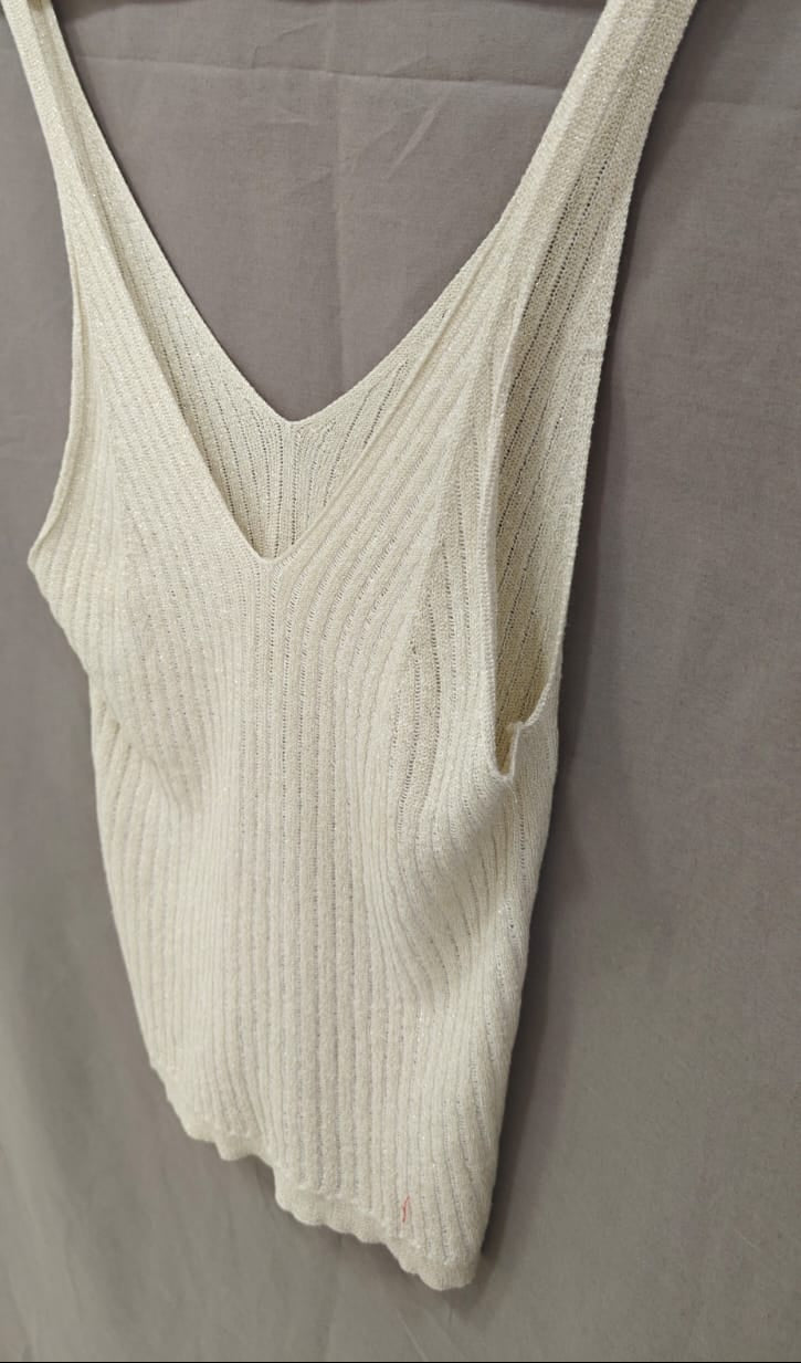 Women's Beige Ribbed Knit V-Neck Tank Top