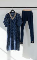 Women's Navy Blue Printed Kurta Set with Embellished Neckline