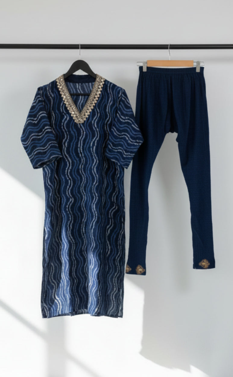 Women's Navy Blue Printed Kurta Set with Embellished Neckline