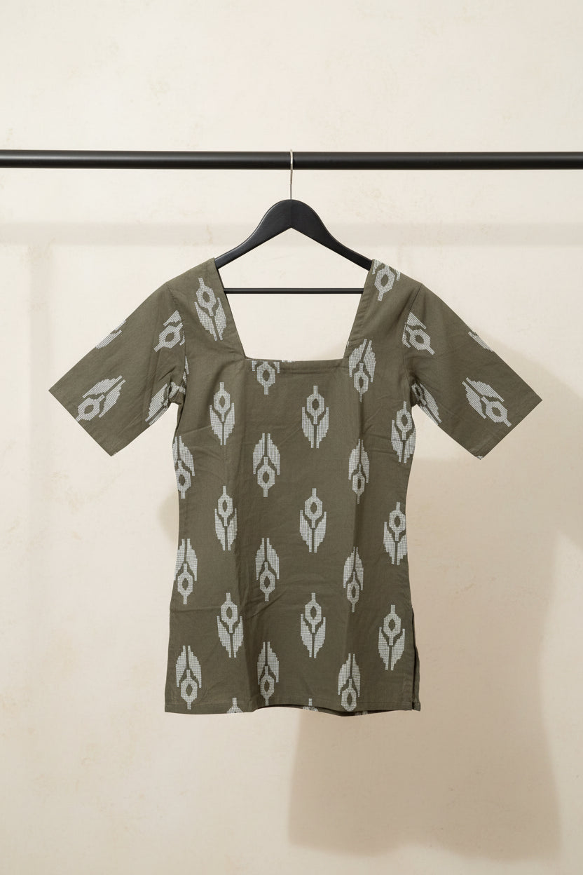 Women's Olive Green Printed Square Neck Short Sleeve Top