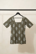 Women's Olive Green Printed Square Neck Short Sleeve Top