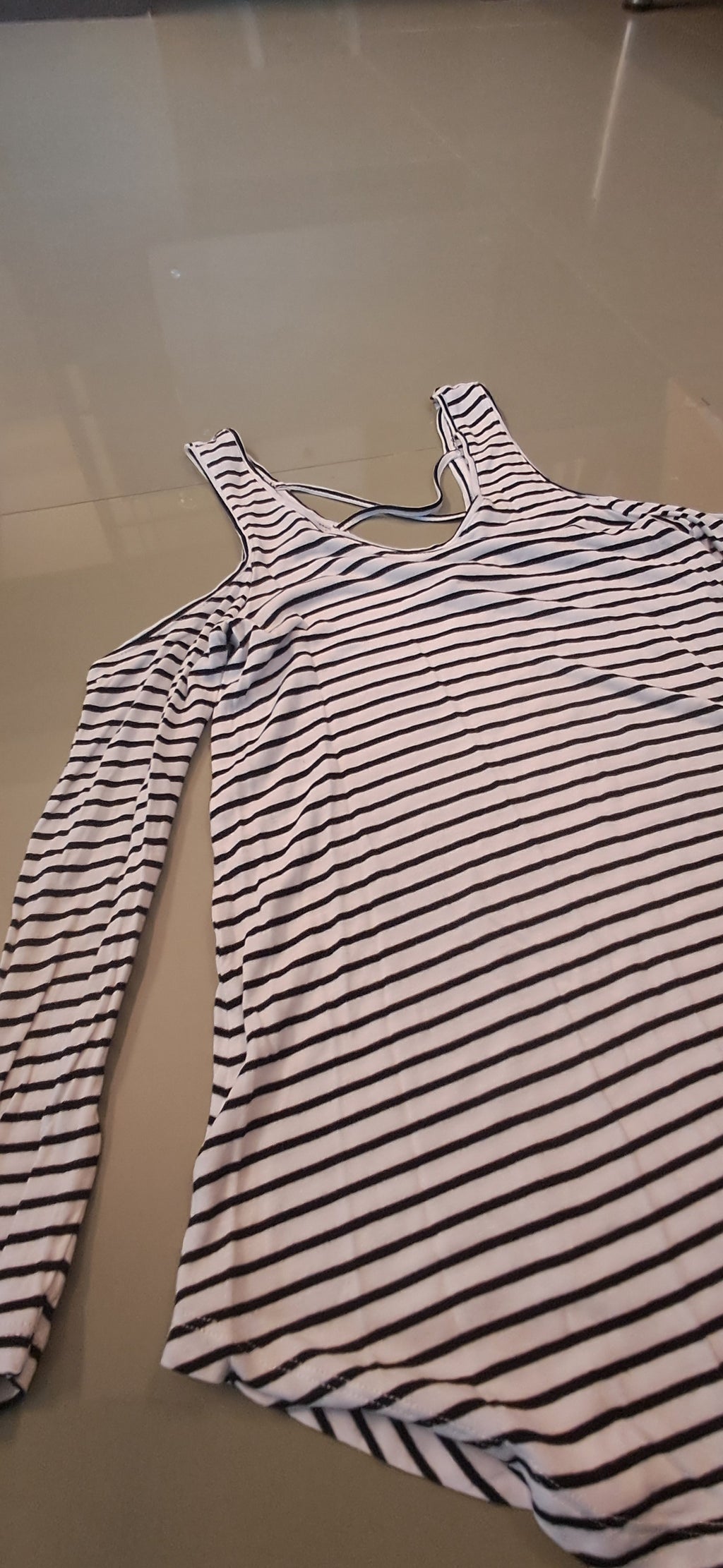 Women's Black and White Striped Cold Shoulder Top by NUON