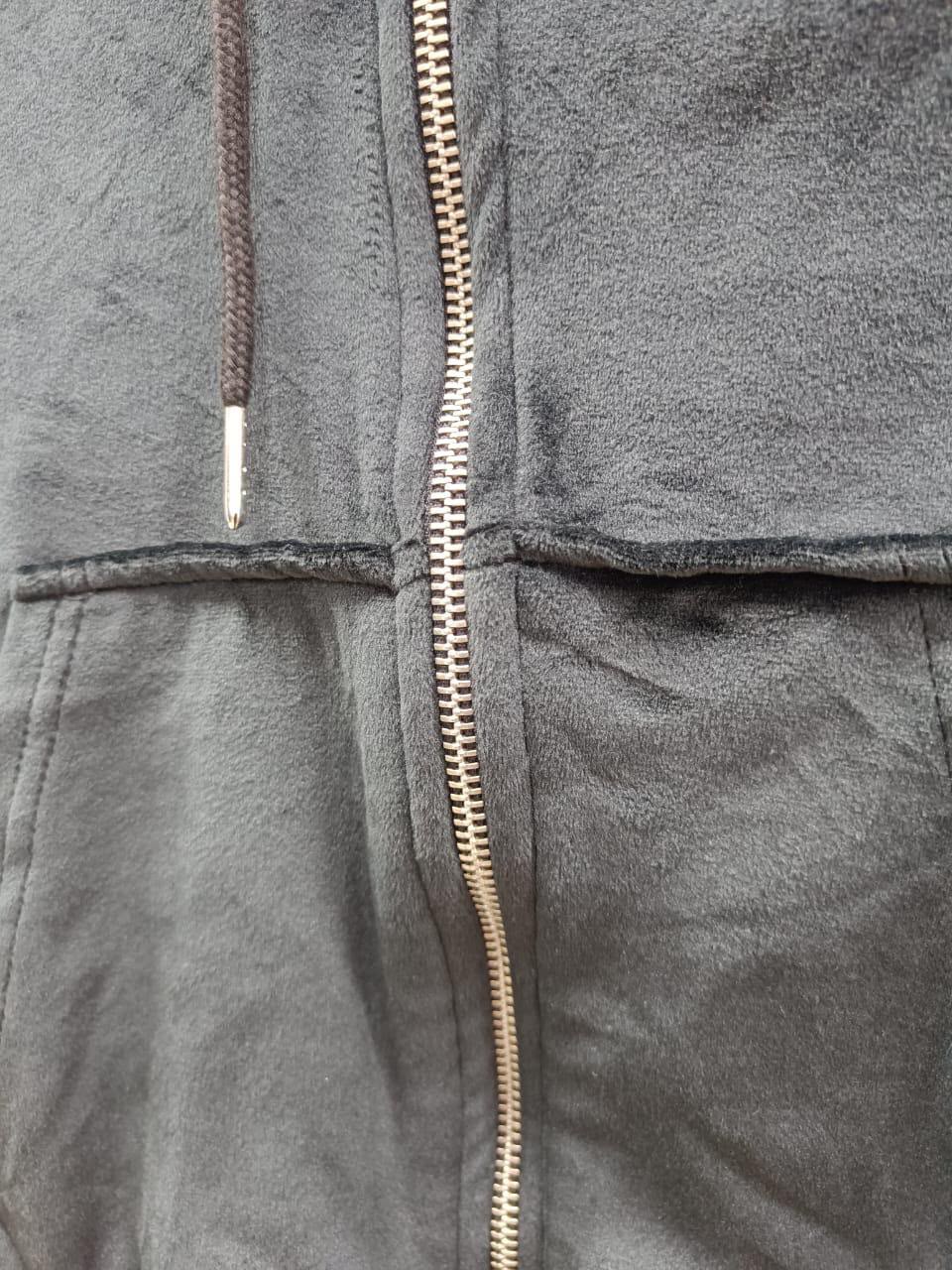 Black Velour Cropped Zip-Up Hoodie