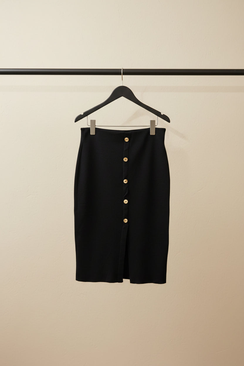 Women's Le Coq Sportif East London Black Ribbed Knit Button-Front Midi Skirt