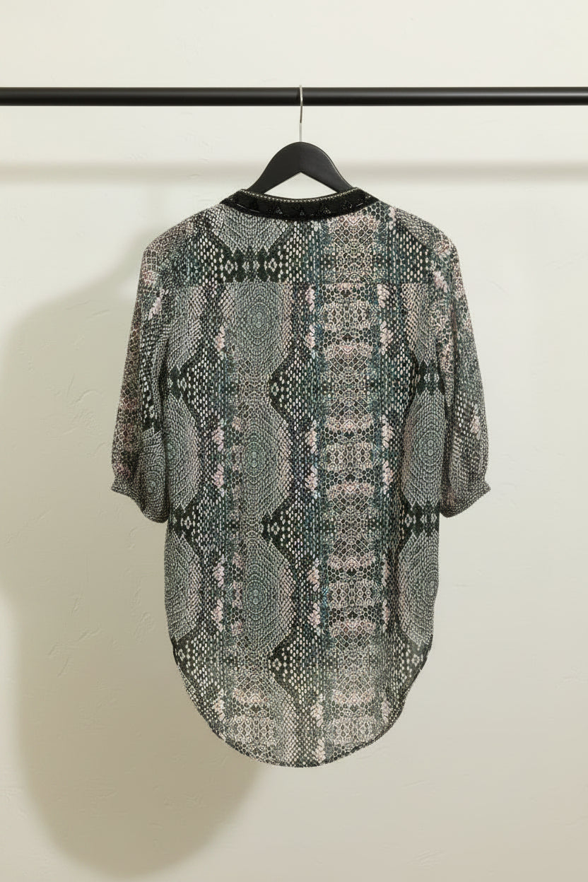Women's Snake Print Beaded Collar 3/4 Sleeve Blouse