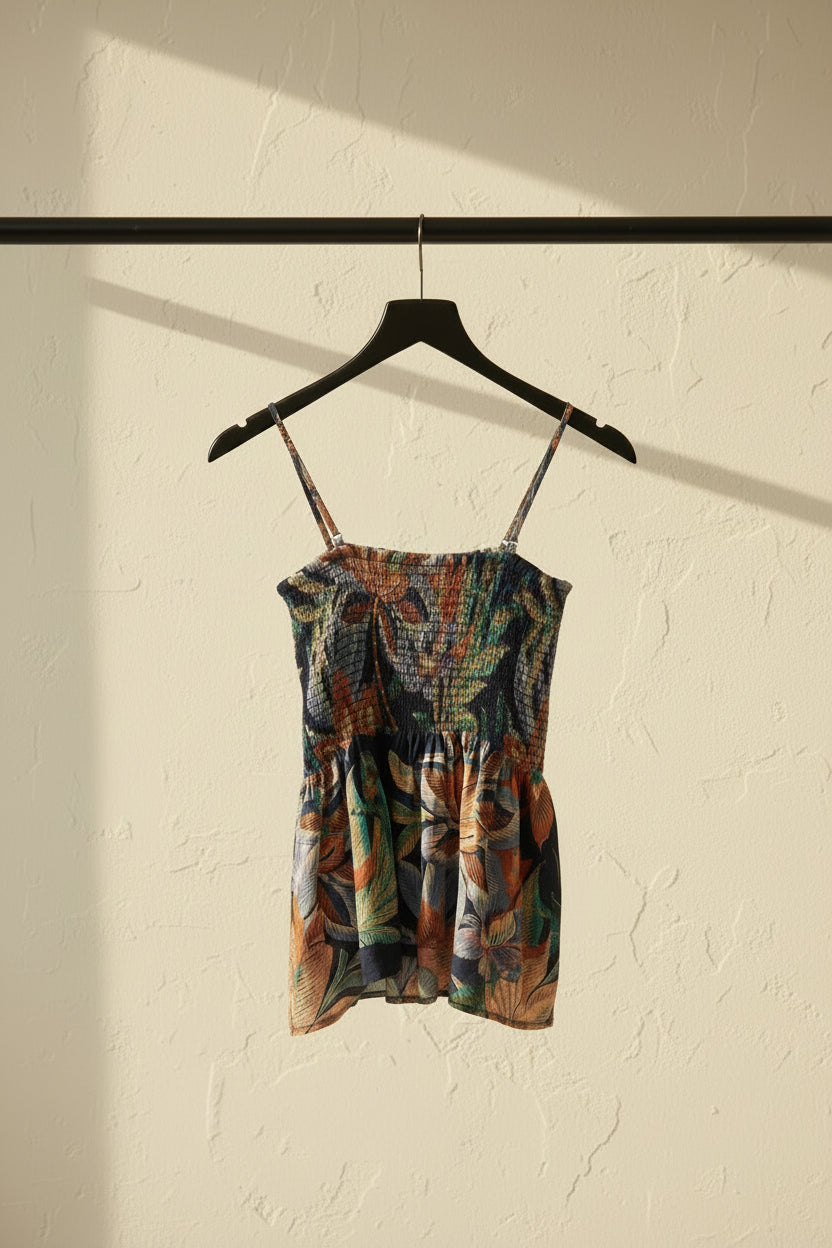 A sleeveless camisole top with thin spaghetti straps, featuring a vibrant tropical floral and leaf print in shades of navy blue, orange, green, and beige, laid flat on a white background.
