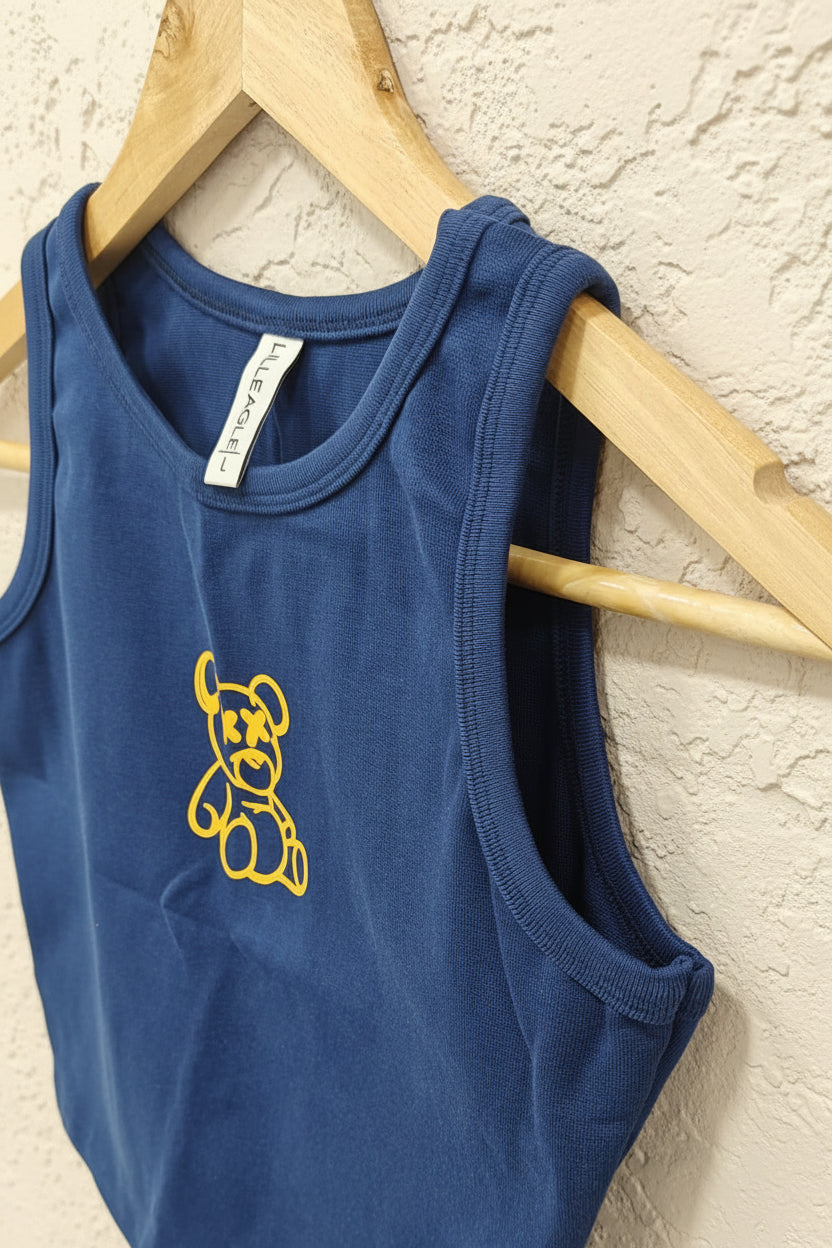L.L.EAGLE Navy Blue Cropped Tank Top with Teddy Bear Graphic