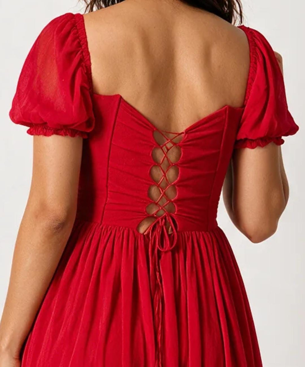 Red Corset Style Puff Sleeve Maxi Dress