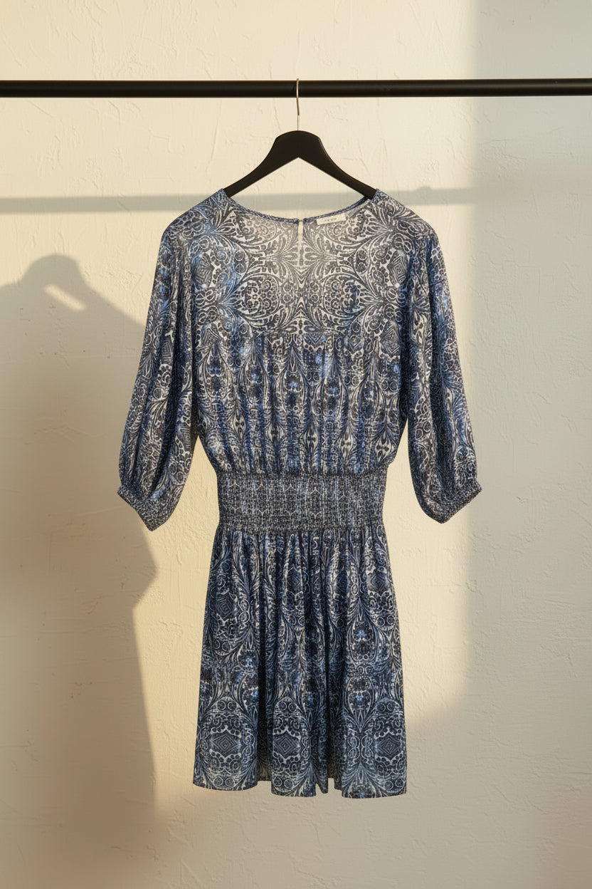 Lucky Brand Blue Patterned Smocked Waist V-Neck Dress