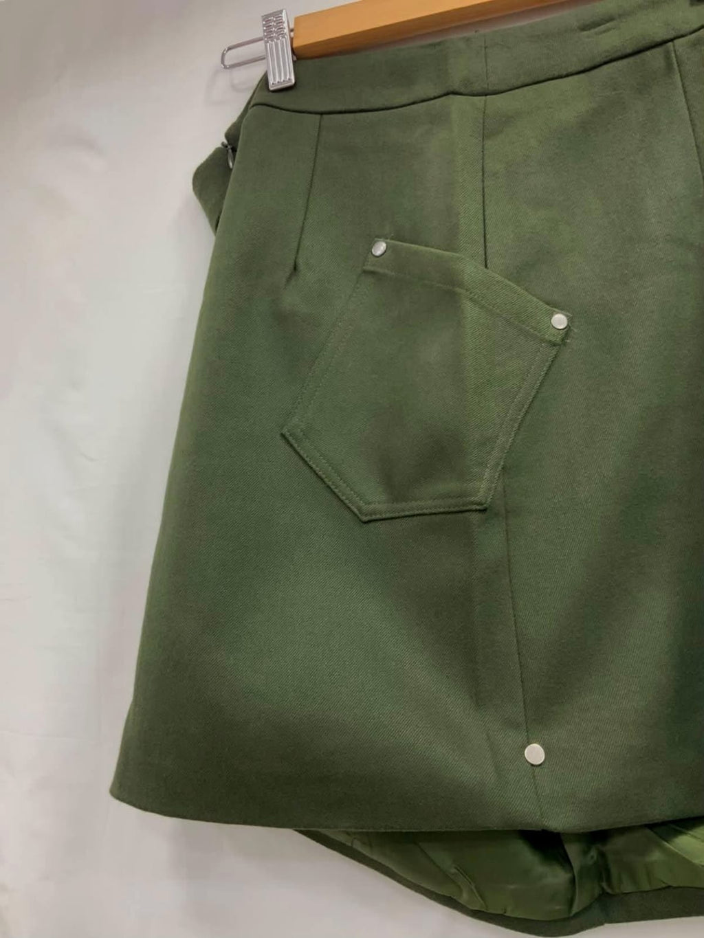R&K Women's Olive Green A-Line Mini Skirt with Pocket Detail