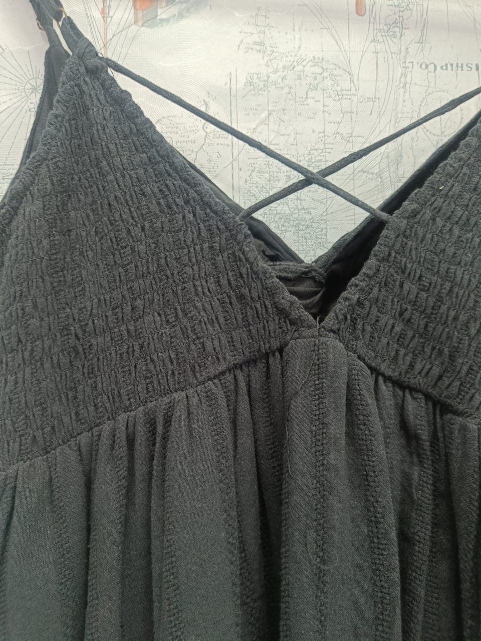 Black Textured Tiered Mini Dress with Criss-Cross Back