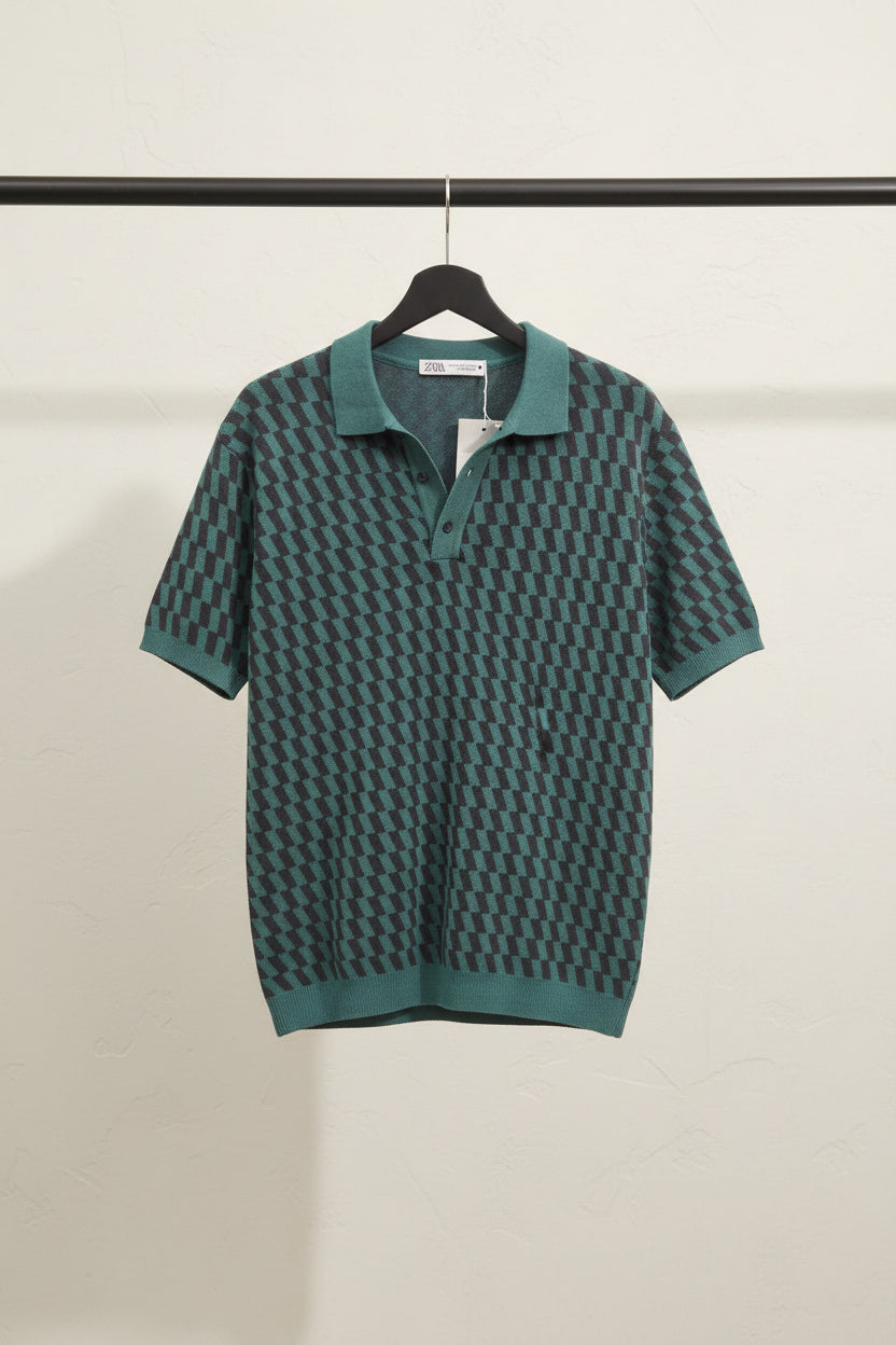 Zara Men's Green and Black Geometric Knit Polo Shirt