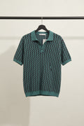 Zara Men's Green and Black Geometric Knit Polo Shirt