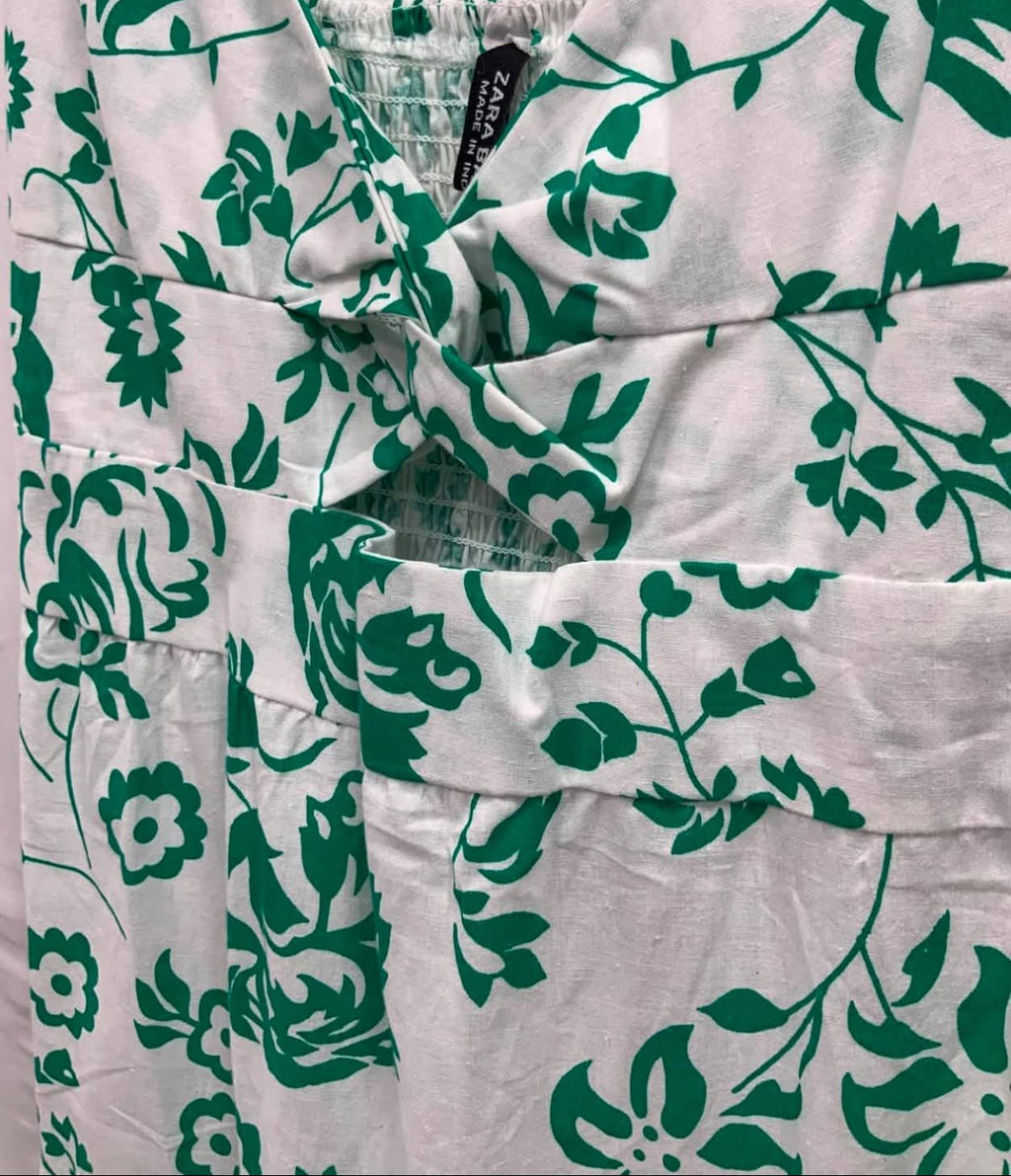 Zara Basic White Green Floral Print Knot Front Mini Dress