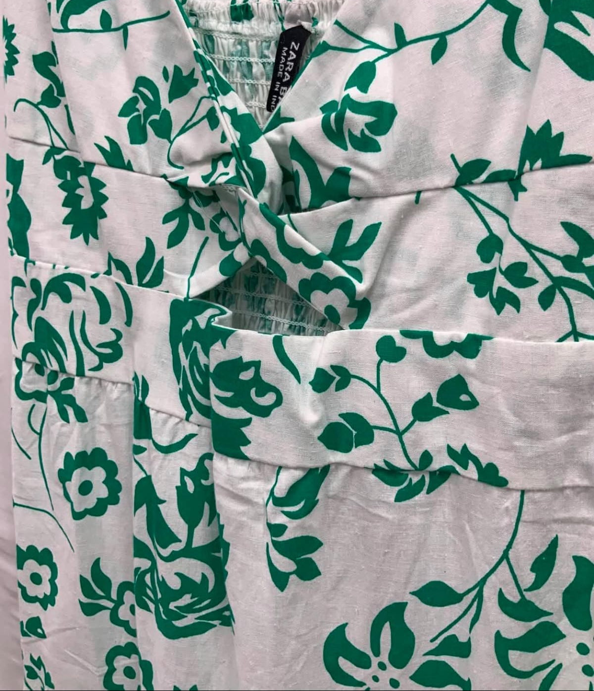 Zara Basic White Green Floral Print Knot Front Mini Dress