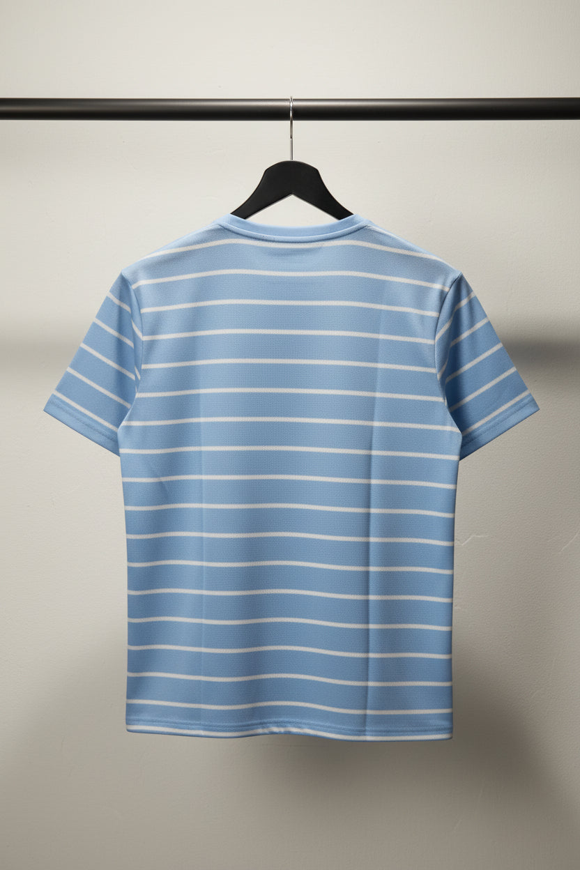 Men's American Fit Light Blue & White Striped Round Neck T-Shirt