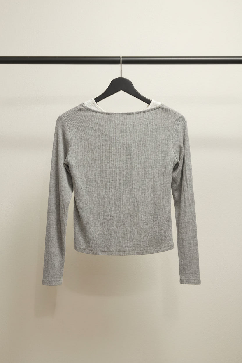 Women's Grey Ribbed Long Sleeve Button-Front Top